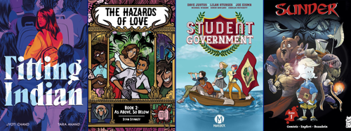 Book covers for Fitting Indian, The Hazards of Love, Student Government, and Sunder