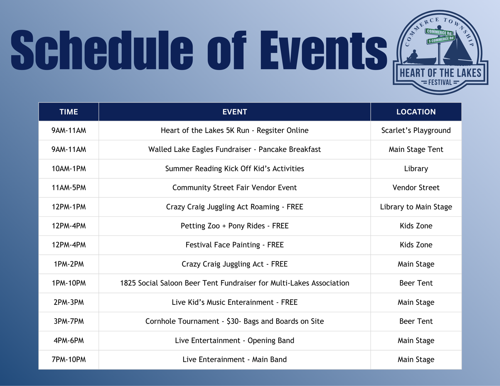 Heart Of The Lakes Schedule Of Events