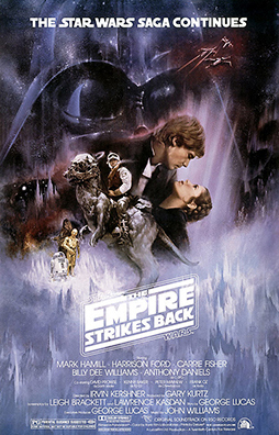 The poster for the movie The Empire Strikes Back featuring Han Solo, Princess Leia, Luke Skywalker, C-3P0, R2-D2, Chewbacca, and Darth Vader over an icy space background.