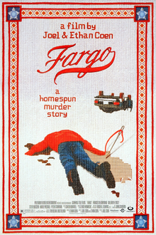 The poster for the movie Fargo, featuring a needlepoint car flipped over in the background with a body laying in the snow in the foreground.