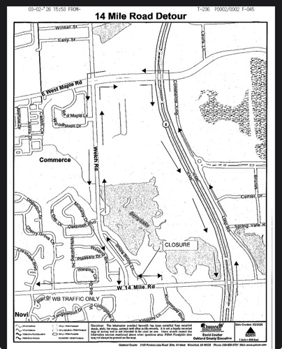 14 mile detour for 2 week closure beginning 3/3/2026